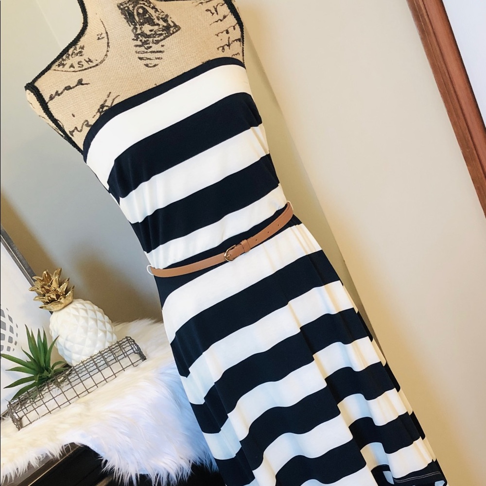 Blue/Cream Wide Stripe Hi Low Dress with Belt
